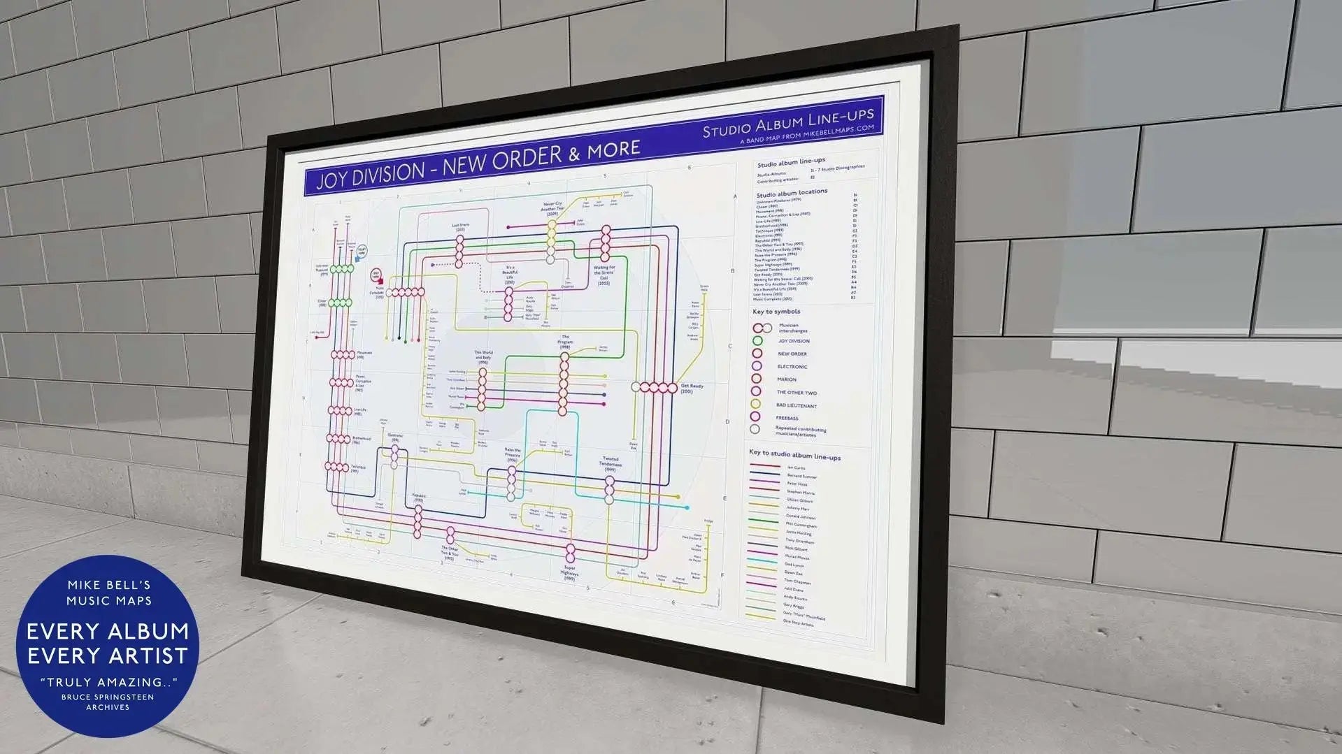 Joy Division New Order art print, unique music map showing gig locations and record details. A perfect gift for music and band fans.