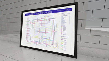 Wall-mounted framed poster of "Joy Division – New Order & More," a visual guide to the musicians and side projects linked to both iconic bands.