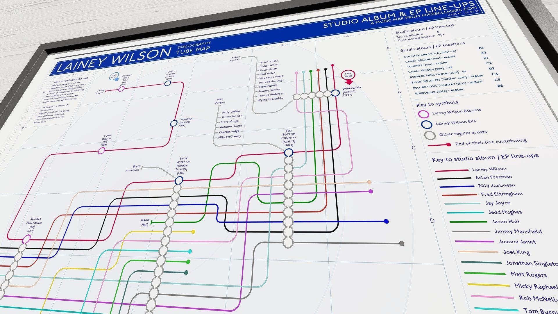 Close-up of a detailed music map showing Lainey Wilson’s discography and featured artists.