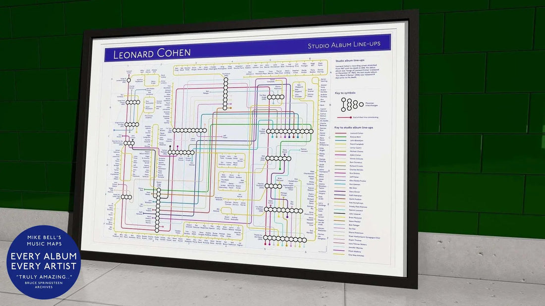 Leonard Cohen unique art print: Art Prints of Unique Music Maps, a perfect gift for fans of music, records, and gigs.