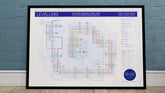 Levellers transit map art print showing all studio albums as stations and band members/musicians as separate tube lines, on archival paper.