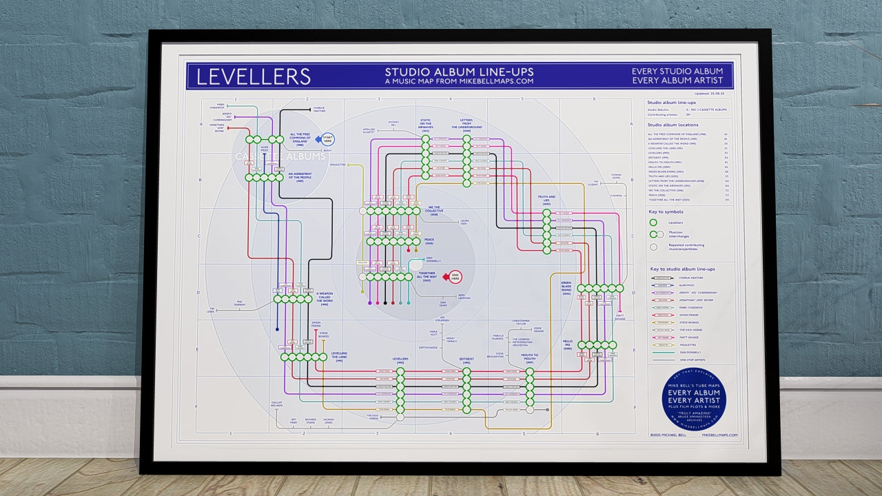 Levellers transit map art print showing all studio albums as stations and band members/musicians as separate tube lines, on archival paper.