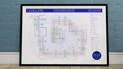 Levellers transit map art print showing all studio albums as stations and band members/musicians as separate tube lines, on archival paper.