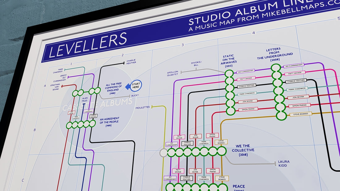 Levellers transit map art print showing every studio album as a station and every musician as separate tube lines, on archival quality paper.