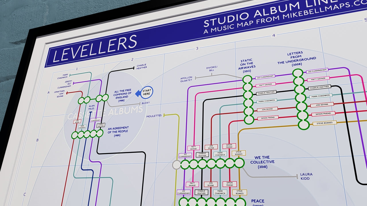 Levellers transit map art print showing every studio album as a station and every musician as separate tube lines, on archival quality paper.