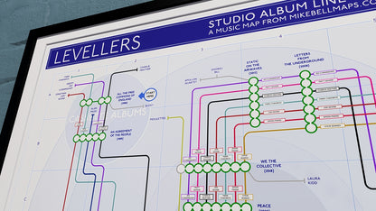 Levellers transit map art print showing every studio album as a station and every musician as separate tube lines, on archival quality paper.