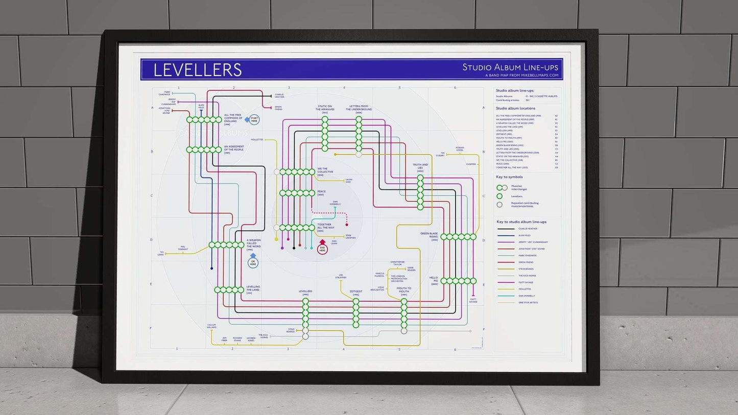 Close-up of a subway-style map illustrating the Levellers’ discography and musician contributions.