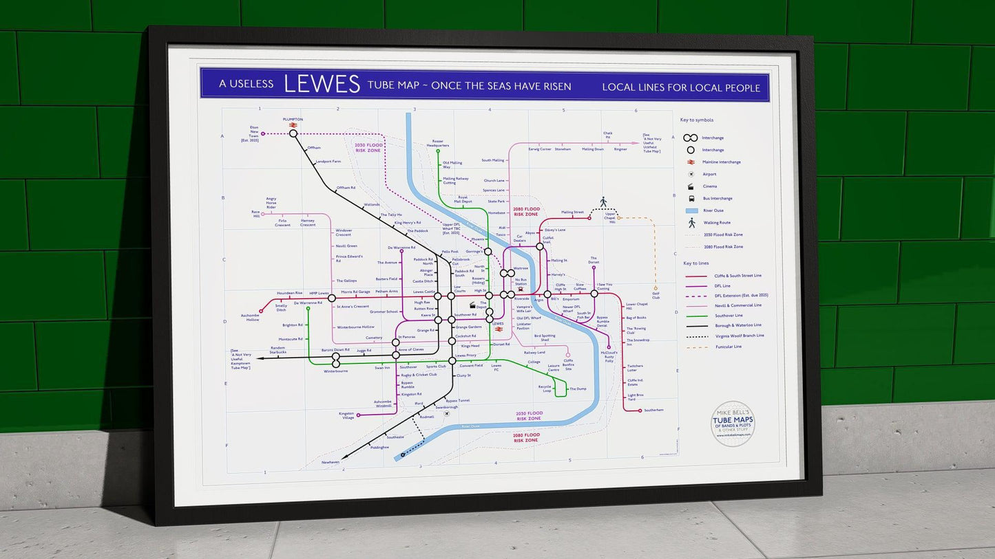 Framed satirical tube map of Lewes, Sussex, imagining a future transit system with flood zones.