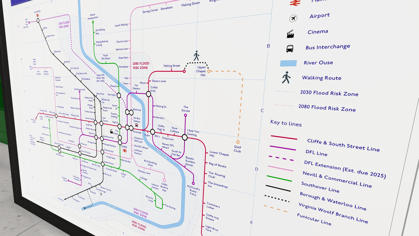 Close-up of the Lewes Tube Map, featuring fictional transport lines and flood risk areas.