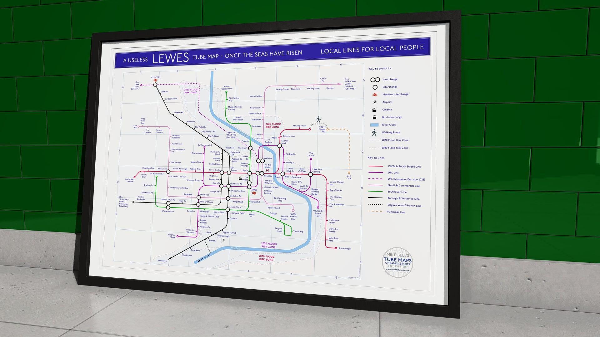 A humorous map of Lewes, Sussex, styled like a subway map, showcasing local landmarks and routes.