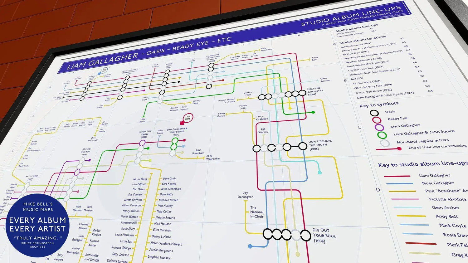 Liam Gallagher Map: Unique music map art print illustrating the complete studio discography and every artist collaboration.