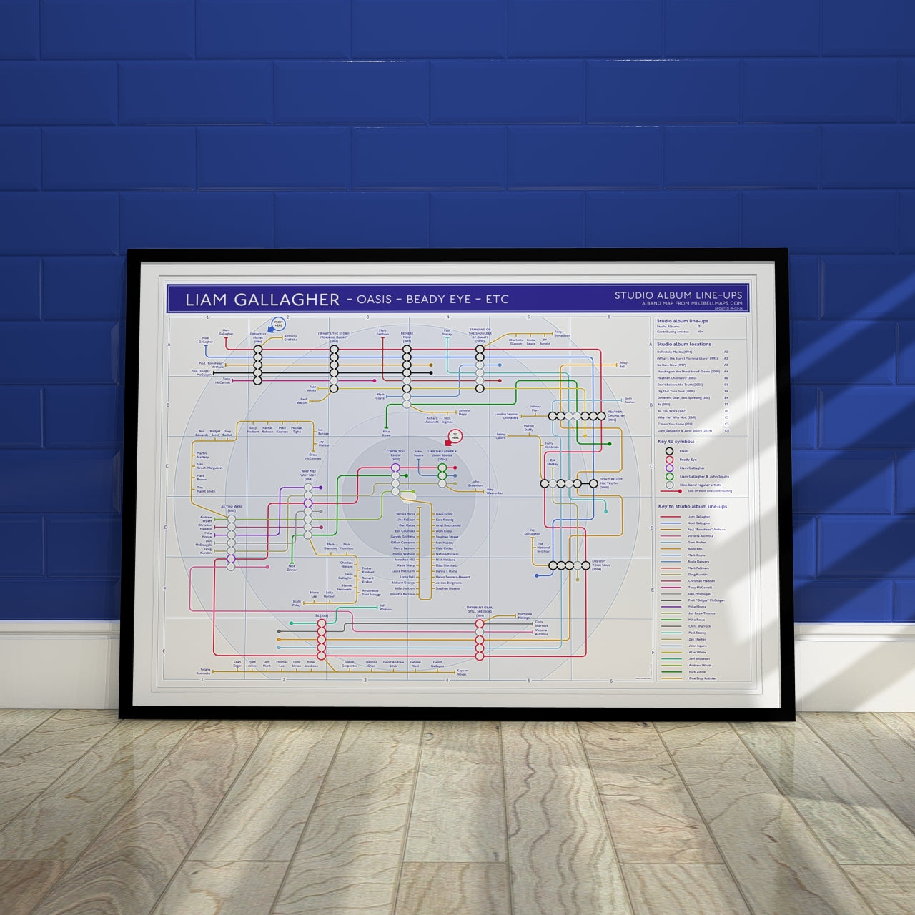 Liam Gallagher unique art print, gift for fans. Mike Bell transit map print featuring albums as stations and musicians as lines.