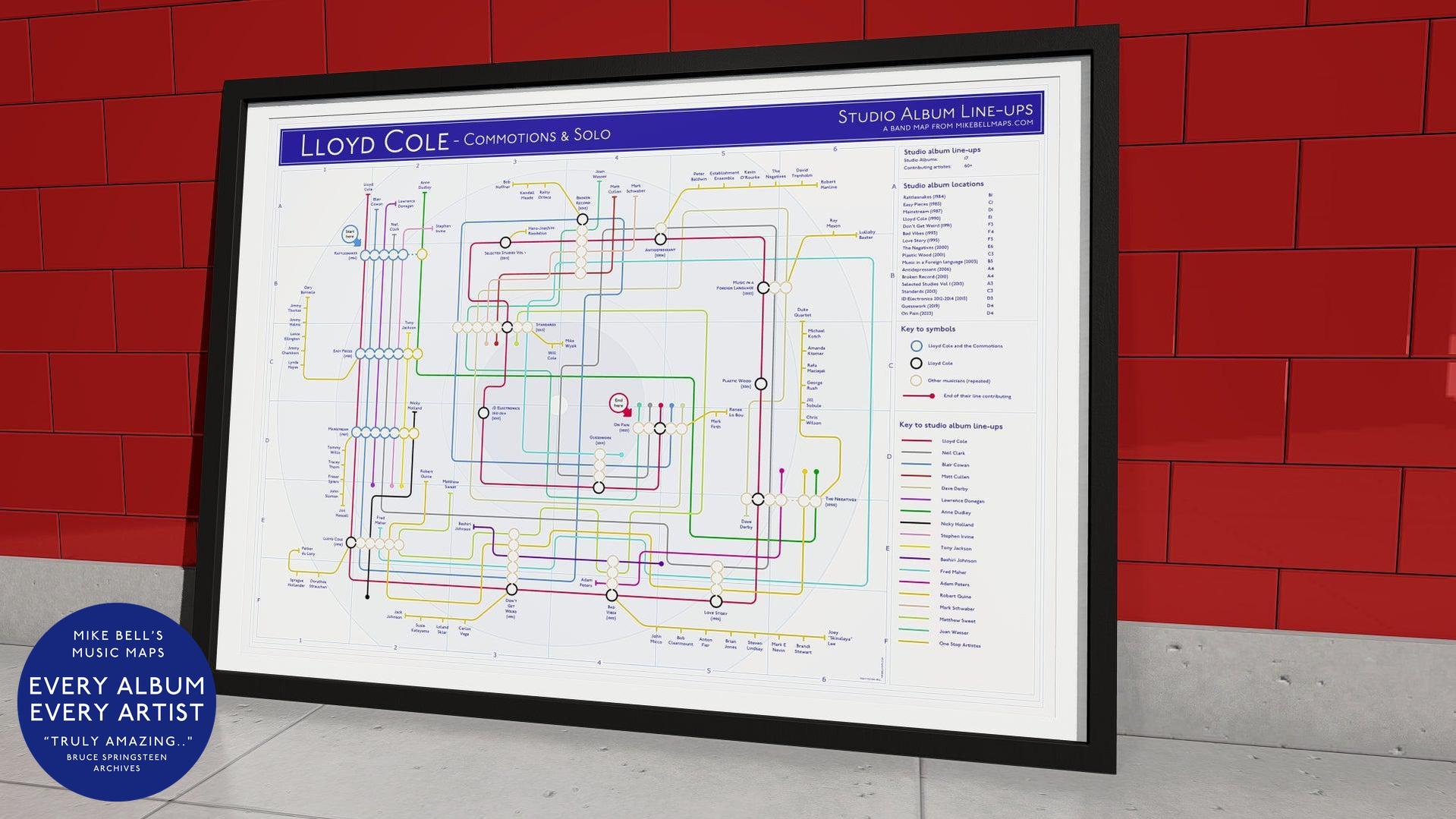Close-up of a subway-style map illustrating Lloyd Cole & The Commotions' discography and musician contributions.