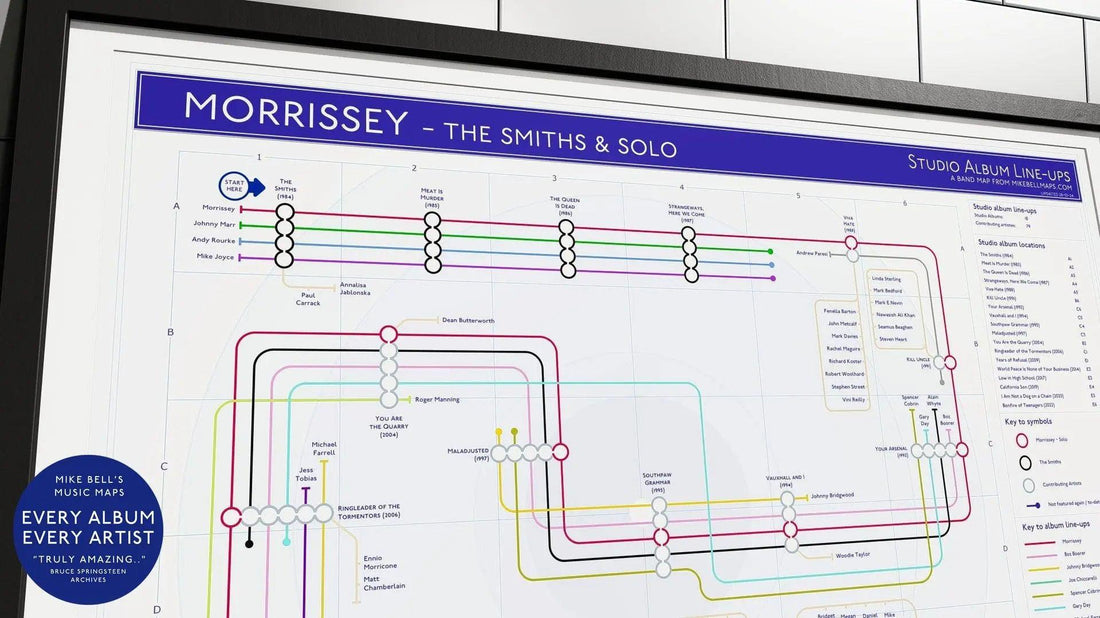 Morrissey solo albums in order music map in A2 landscape unframed, Giclée wall art print from Mike Bell&