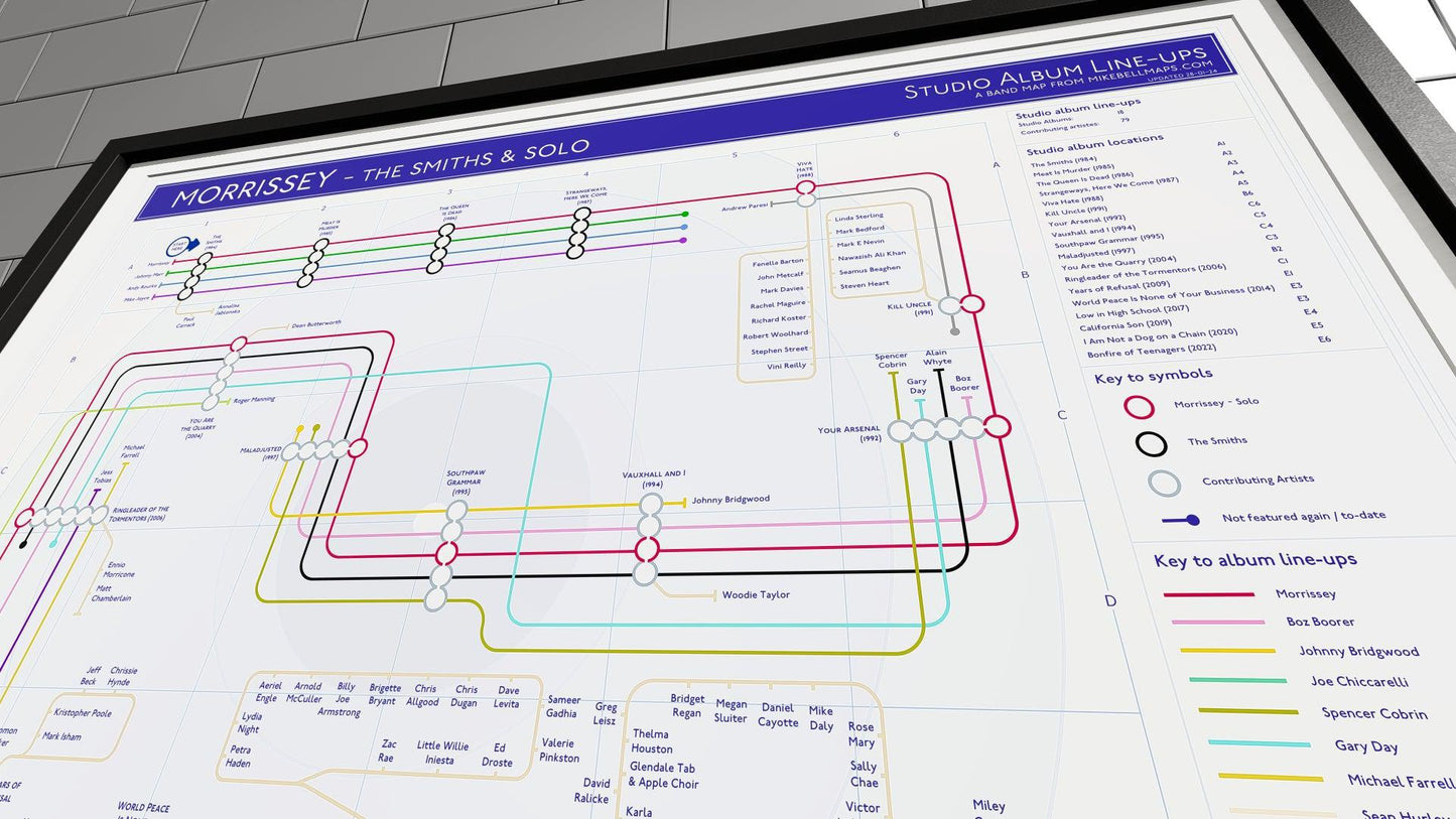 Close-up of a Morrissey discography map, showing band members and album line-ups.