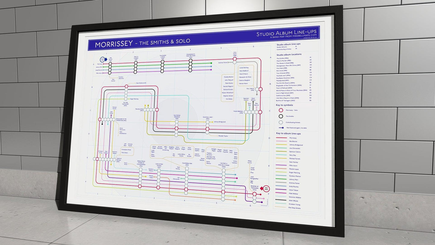 Framed timeline map tracing Morrissey’s career from The Smiths to his solo albums.