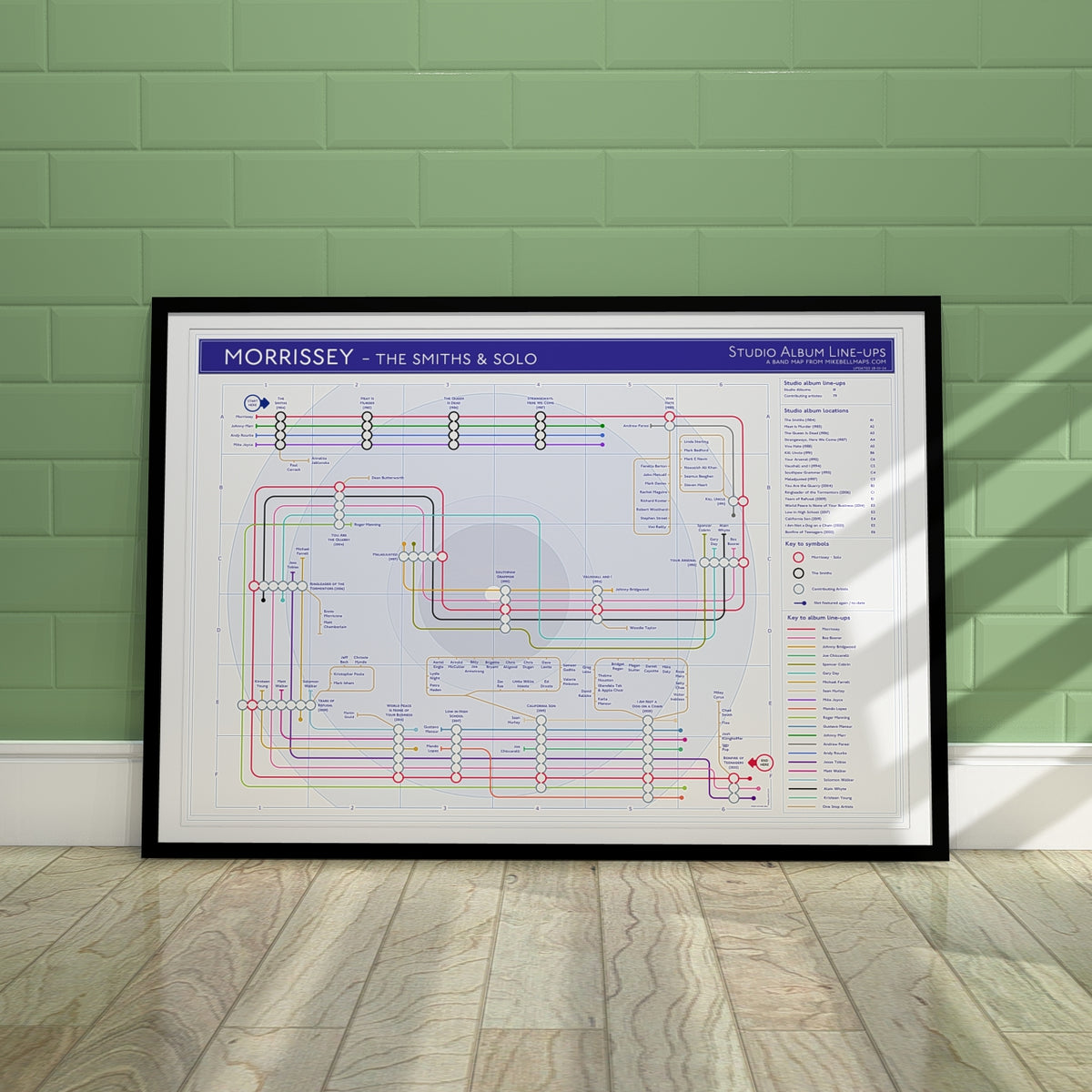 Morrissey discography tube map - unique gift for Smiths and Morrissey fans, Giclée wall art print showing every studio album in order, designed by Mike Bell at mikebellmaps.com.