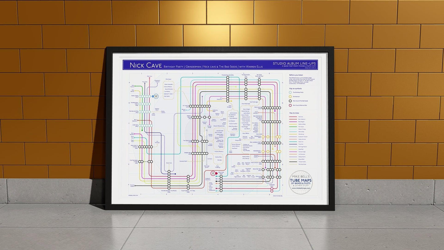 Detailed tube map-style chart of Nick Cave’s discography and collaborations.