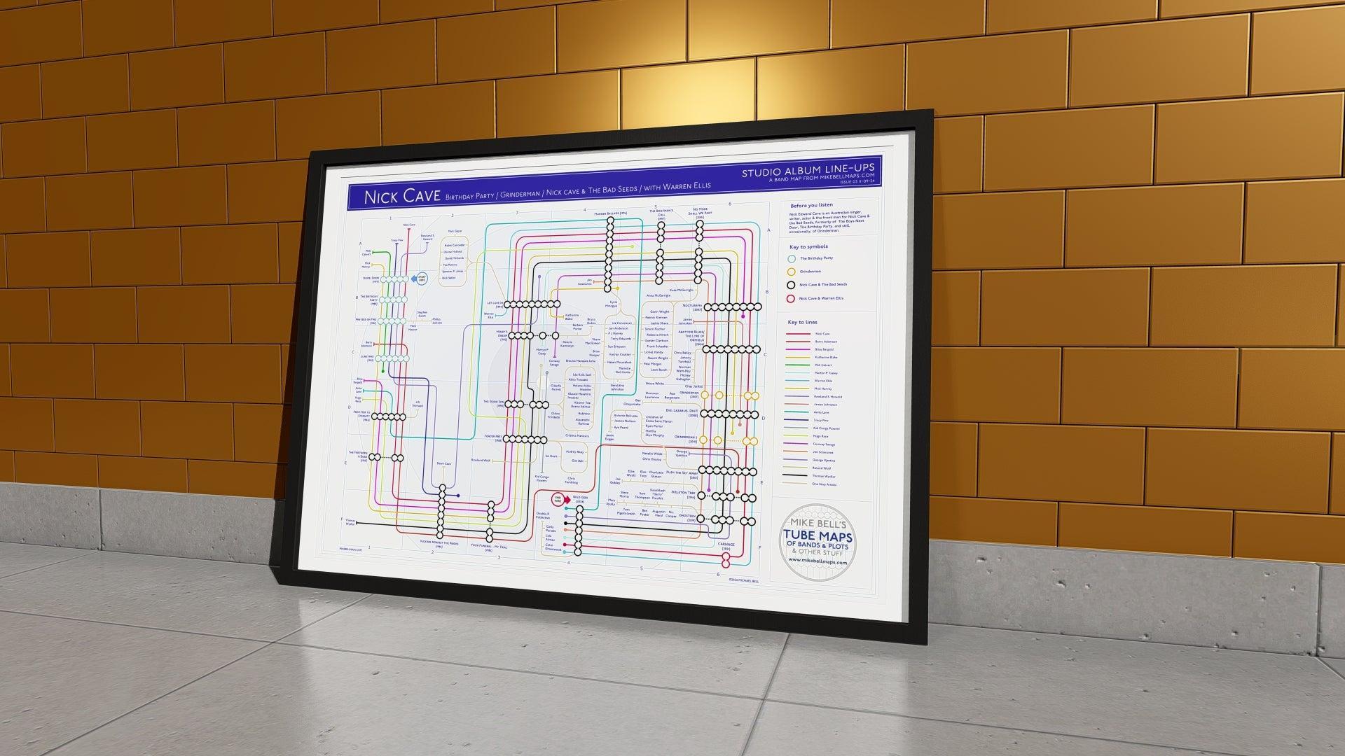 Close-up of a music map illustrating Nick Cave’s bands and side projects.