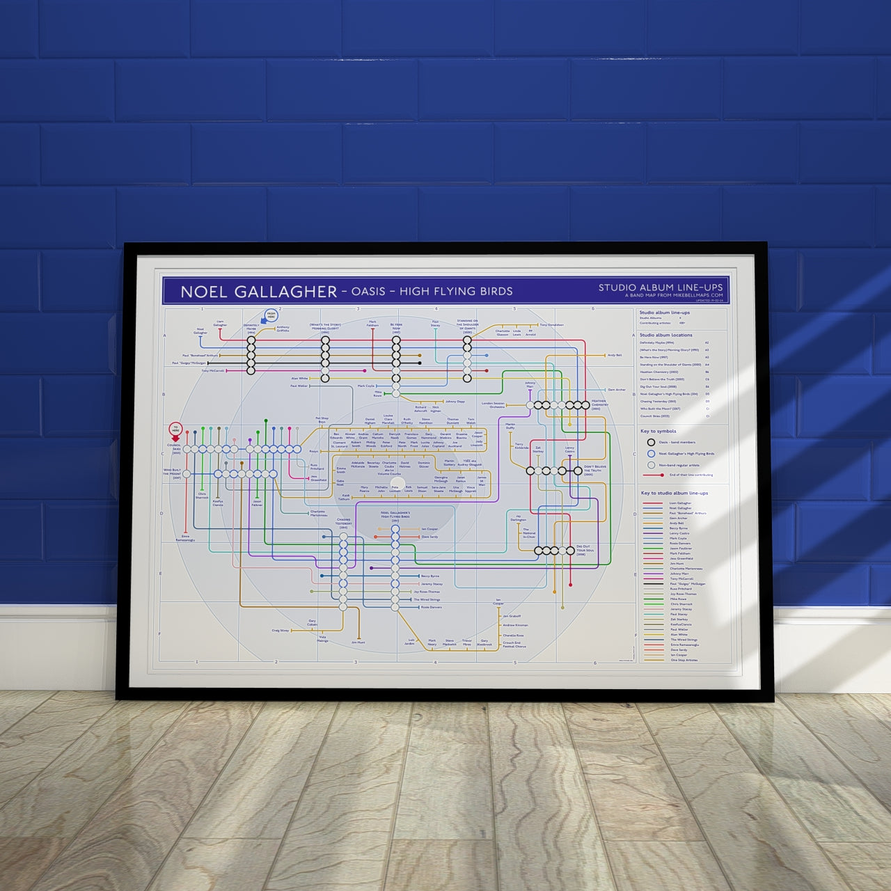 Noel Gallagher unique art print, gift for fans: Mike Bell's transit map style art of studio albums/musicians.