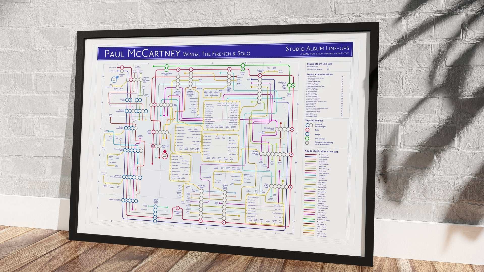 Unique Paul McCartney & Wings Studio Album Music Map with comprehensive album timeline and recording connections, crafted in an innovative tube map style by Mike Bell