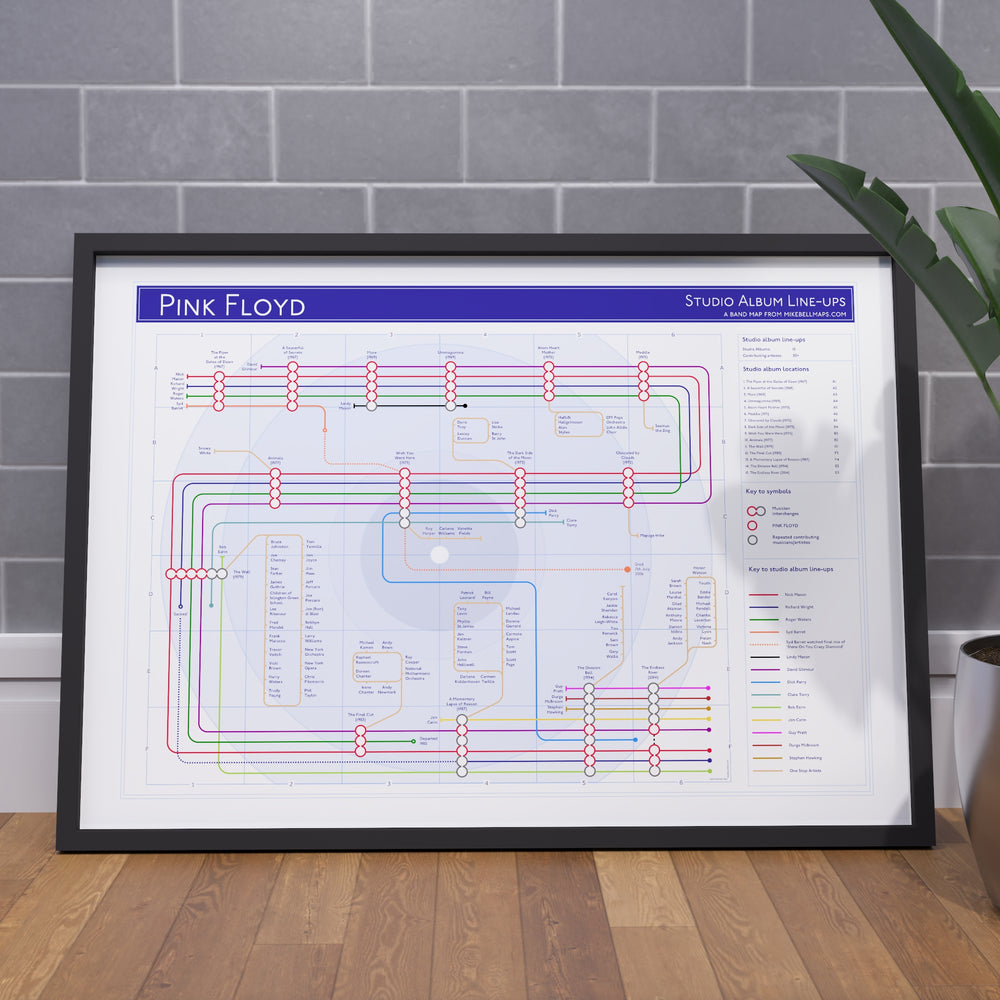 Ideal gift for Pink Floyd fans - A1 framed Giclée discography tube map hung on a feature wall, showing every studio album from The Piper at the Gates of Dawn (1967) to The Endless River (2014) with Nick Mason's continuous line and the Barrett to Gilmour, Waters and Wright transitions, designed by Mike Bell at mikebellmaps.com.