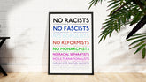 Framed Art Print with anti-racism and anti-fascism statements on a white wall.