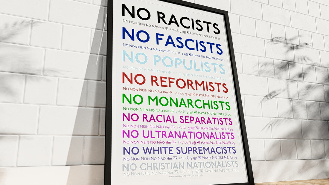 Framed Art Print with anti-racism and anti-fascism statements on a tiled wall.