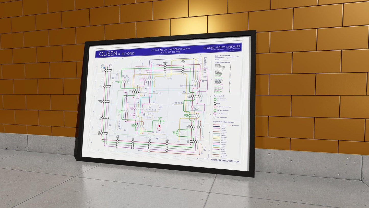 Framed Queen & Beyond discography map illustrating band and solo careers.