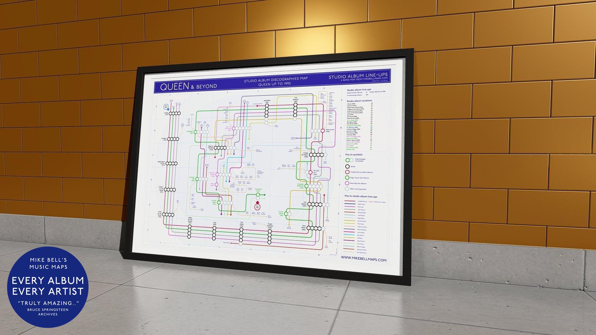 Framed Queen & Beyond discography map illustrating band and solo careers.
