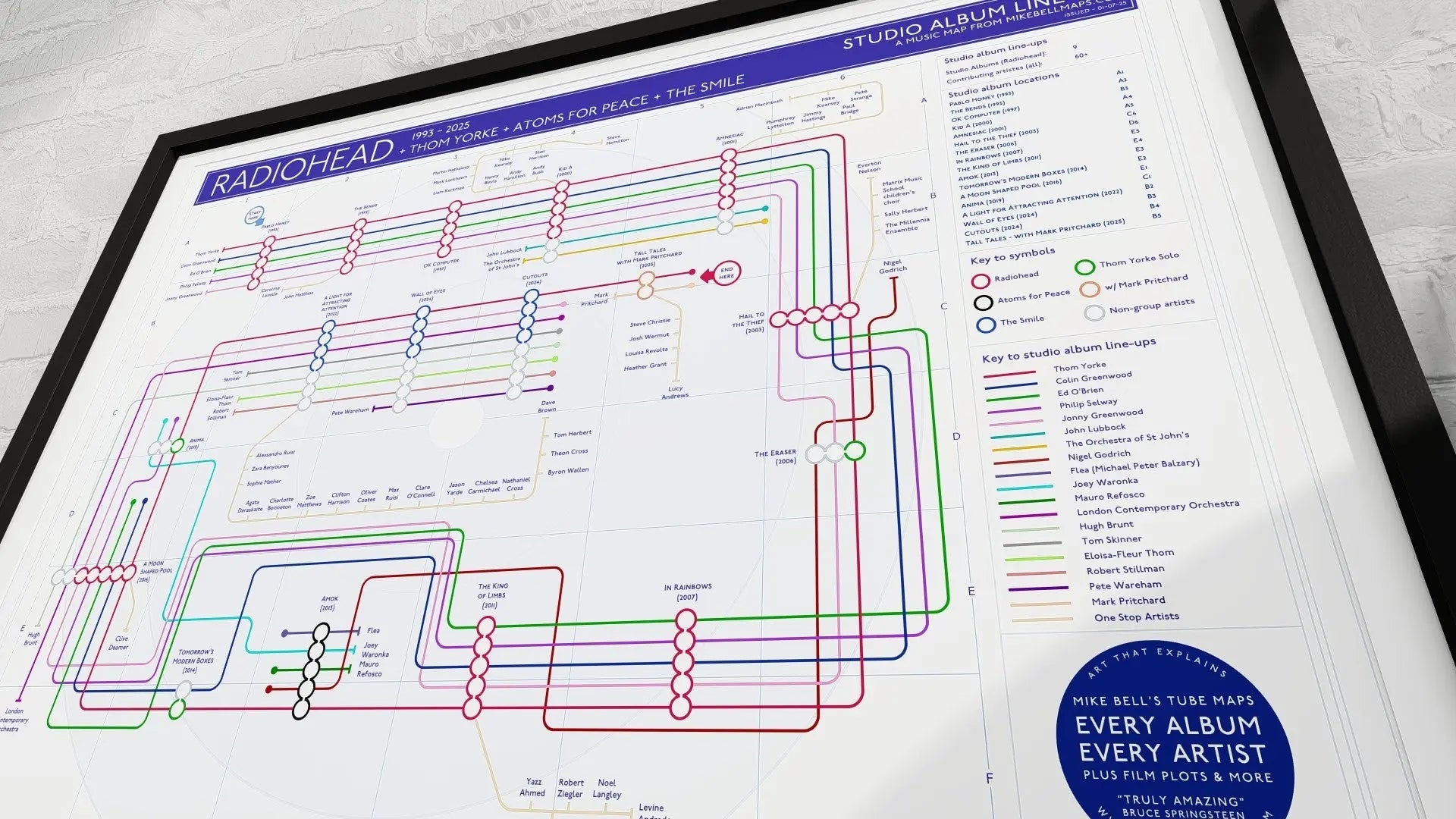 Radiohead art print, a unique music map showing the band&