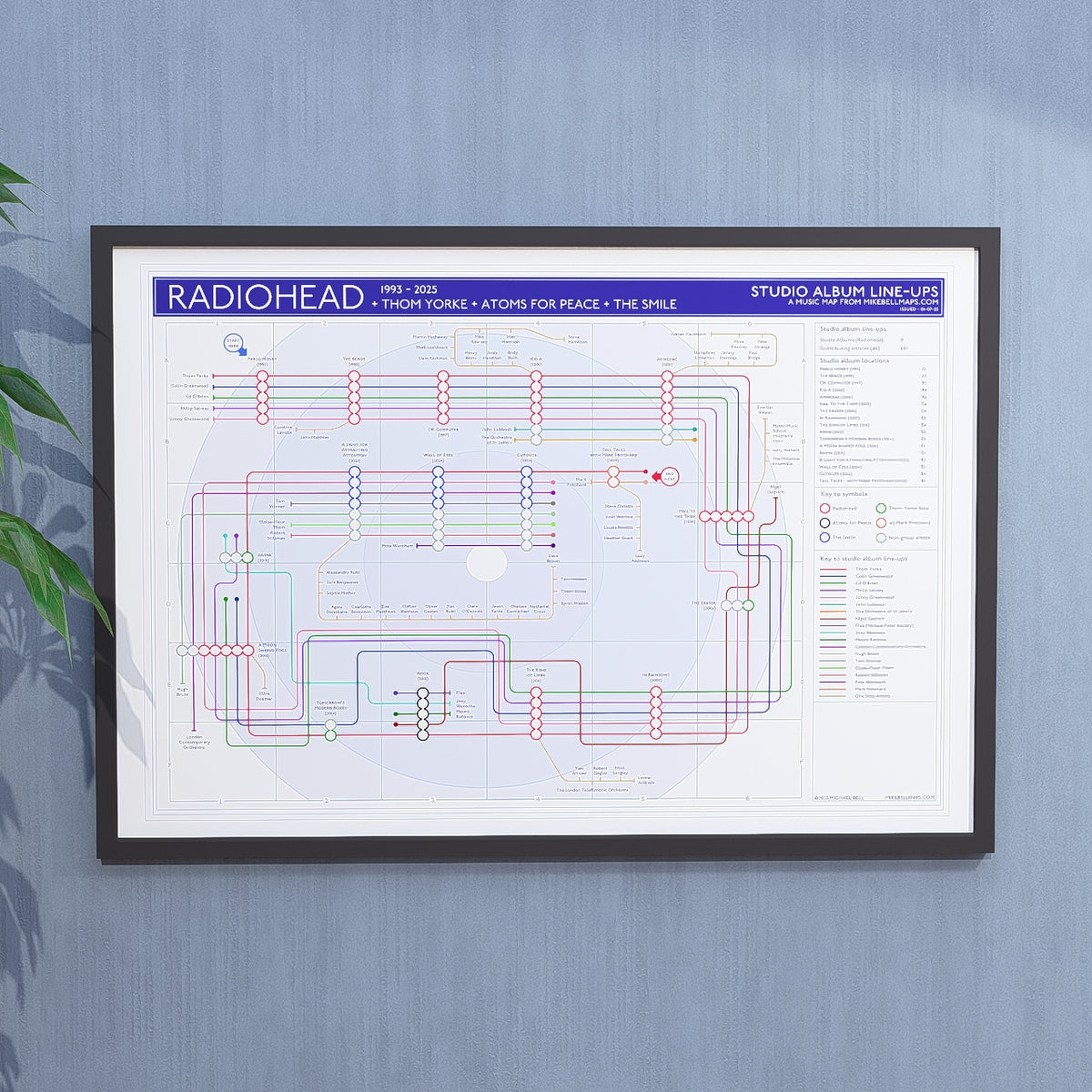 Radiohead discography tube map in A1, framed Giclée wall art print hung in a black wooden frame, showing the complete studio album sequence, by Mike Bell.