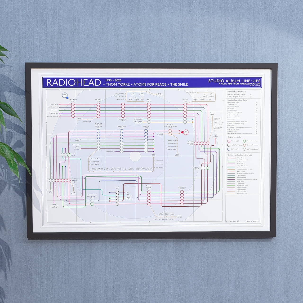 Radiohead discography tube map in A1, framed Giclée wall art print hung in a black wooden frame, showing the complete studio album sequence, by Mike Bell.