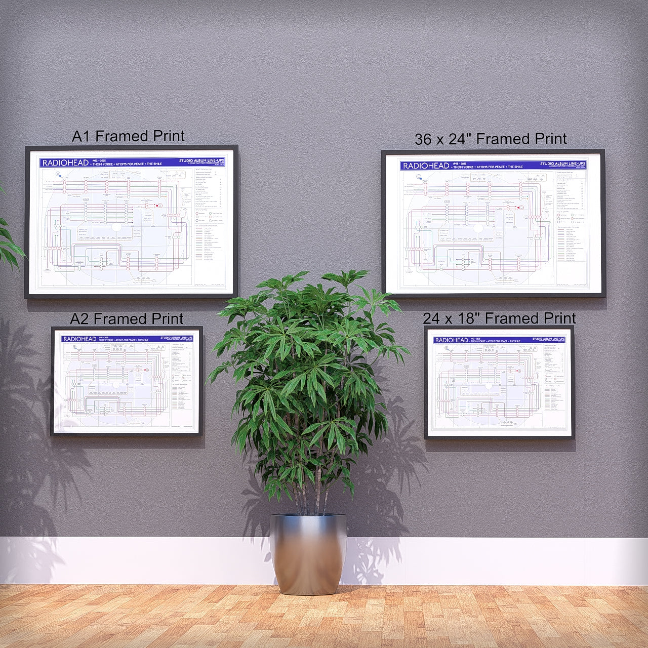 Radiohead discography tube map wall art print collection shown across the A1, A2, 24x18in and 36x24in sizes, framed and unframed, designed by Mike Bell.