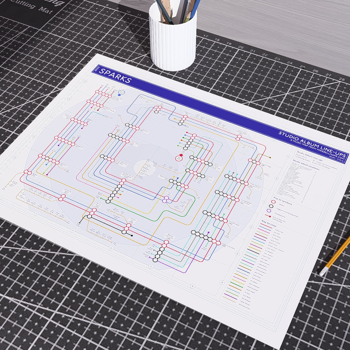 Sparks discography tube map in A2 (420x594mm, 18x24in) unframed, Giclée art print with every studio album from Halfnelson in 1971 to MAD! in 2025 running as a station on the line, by Mike Bell.
