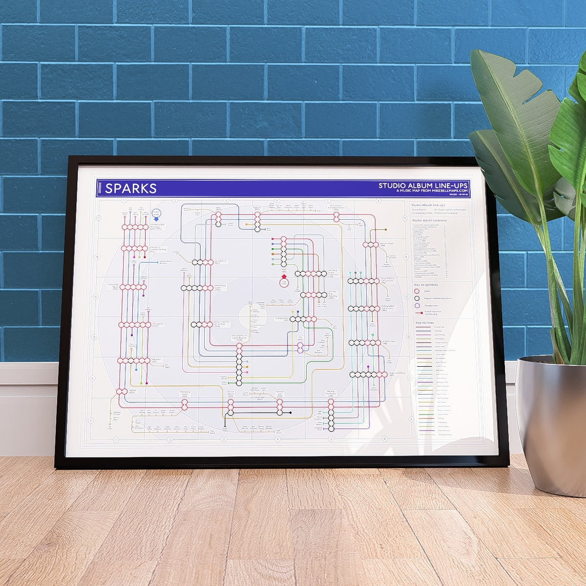 Sparks discography tube map in A1 (594x841mm, 24x36in), framed Giclée wall art print propped against a wall on the floor, designed by Mike Bell.