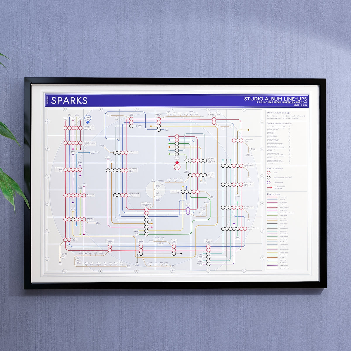 Sparks discography tube map in A1 (594x841mm, 24x36in), framed Giclée wall art print hung in a black wooden frame, designed by Mike Bell.