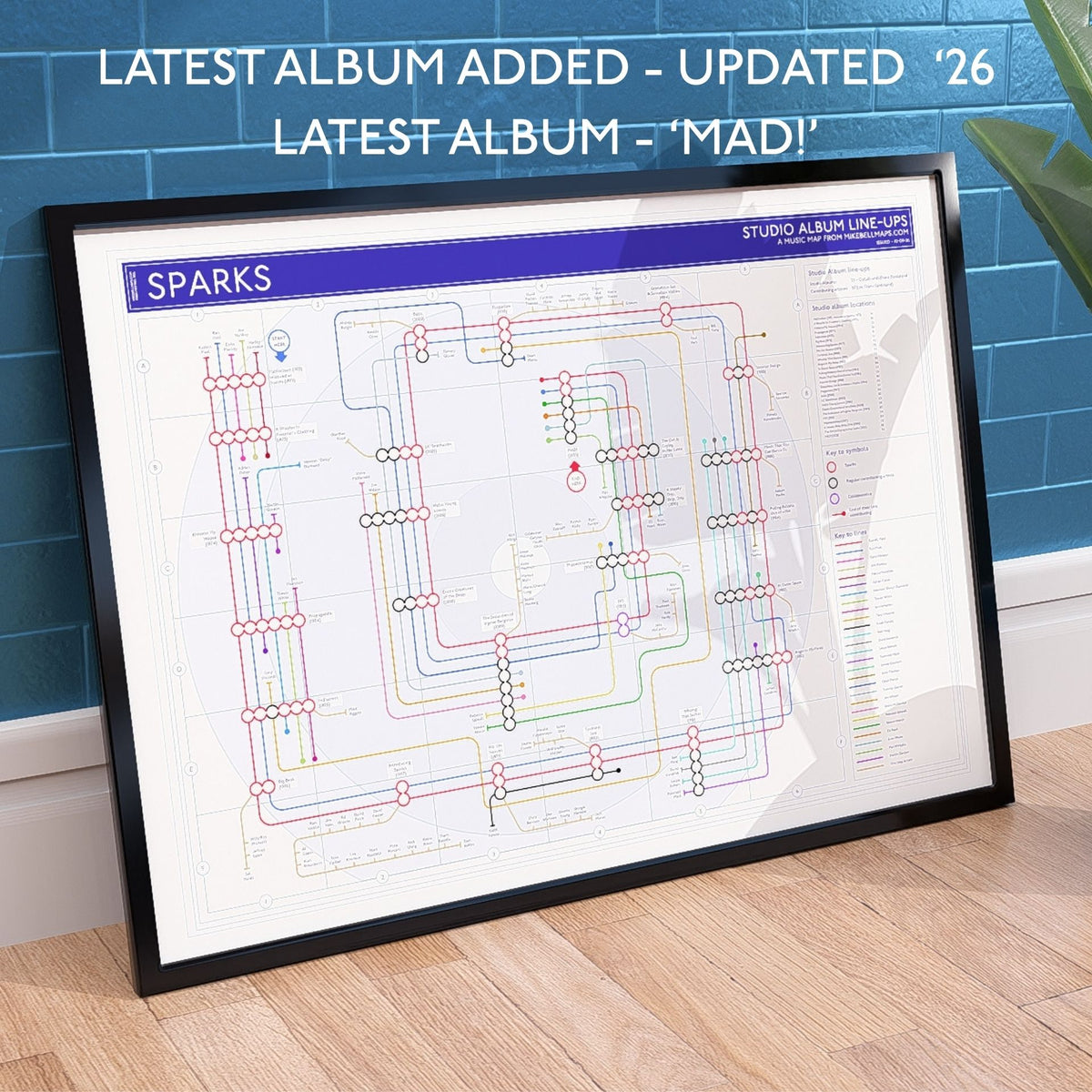 Sparks discography tube map hung in a black wooden frame, A1 landscape Giclée wall art print seen straight on so the album stations read in release order, designed by Mike Bell.