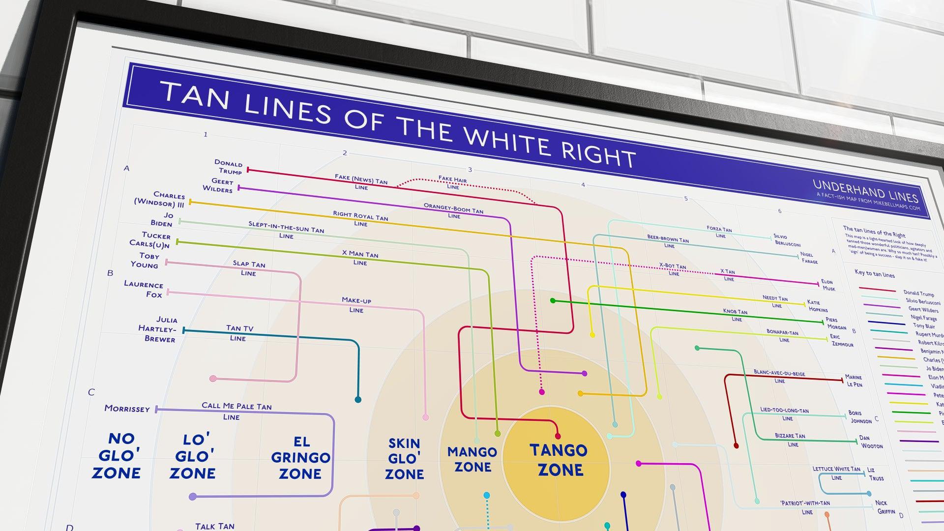 Wall-mounted framed poster of "Tan Lines of the White Right," a parody map illustrating tanning stereotypes among right-wing politicians and media figures.