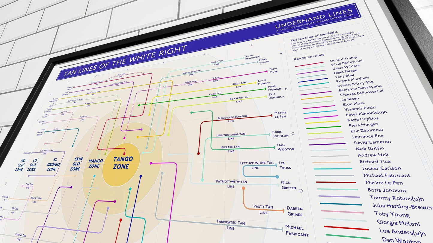 Poster of "Tan Lines of the White Right," a parody transit-style map connecting right-wing figures with humorous tanning-related categories.