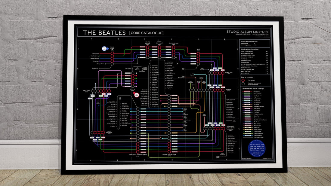 The Beatles art print, Black Edition, featuring studio albums and musicians.
