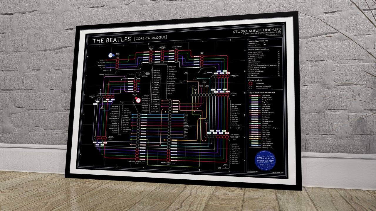Beatles art print: Black Edition discography tube map by Mike Bell, showing every studio album as stations and every musician as transit lines.