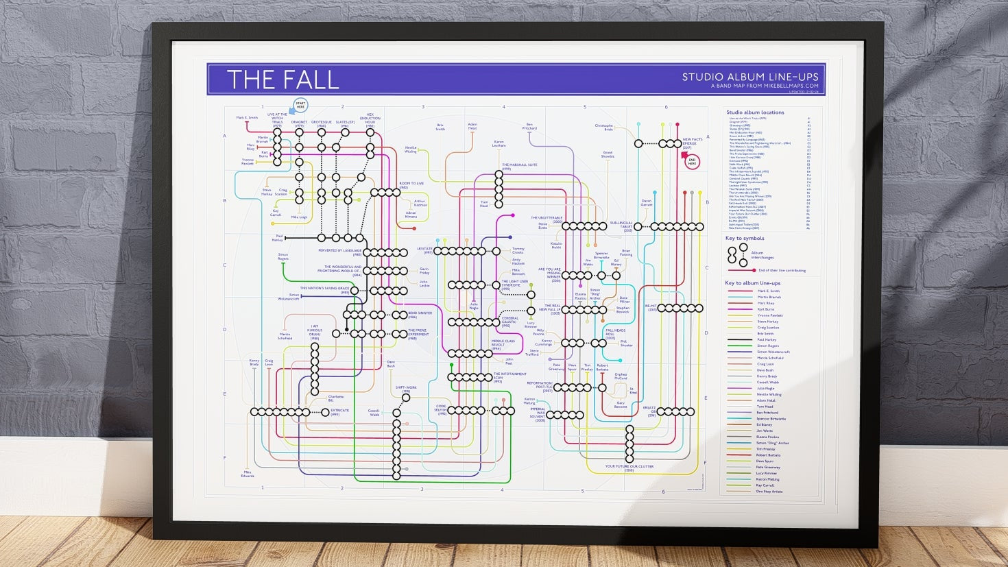 The Fall unique art print of music maps. Perfect gift for fans of The Fall, music, records, and gigs.