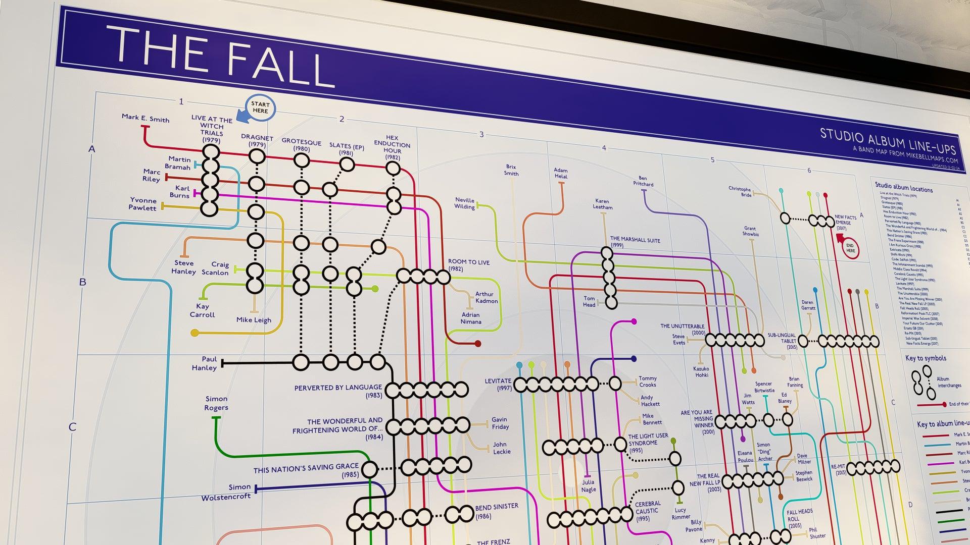 Close-up of a colourful route chart capturing THE FALL'S album journey in a frame