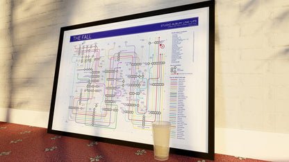 Slight angle view of framed THE FALL'S music map of artist routes and album intersections
