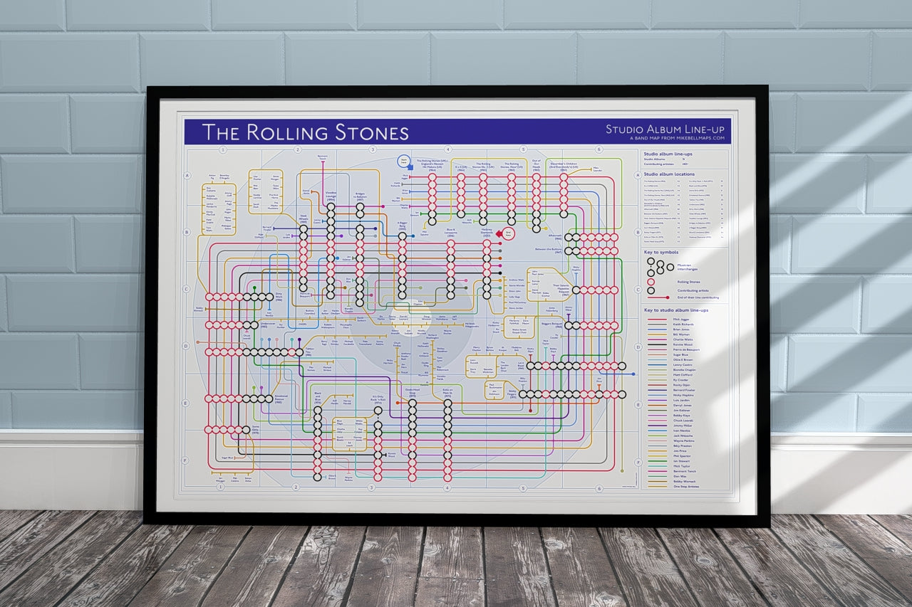 Rolling Stones Art Prints: Unique Music Maps image featuring album titles, gig locations, and iconic band photos in an intricate design.