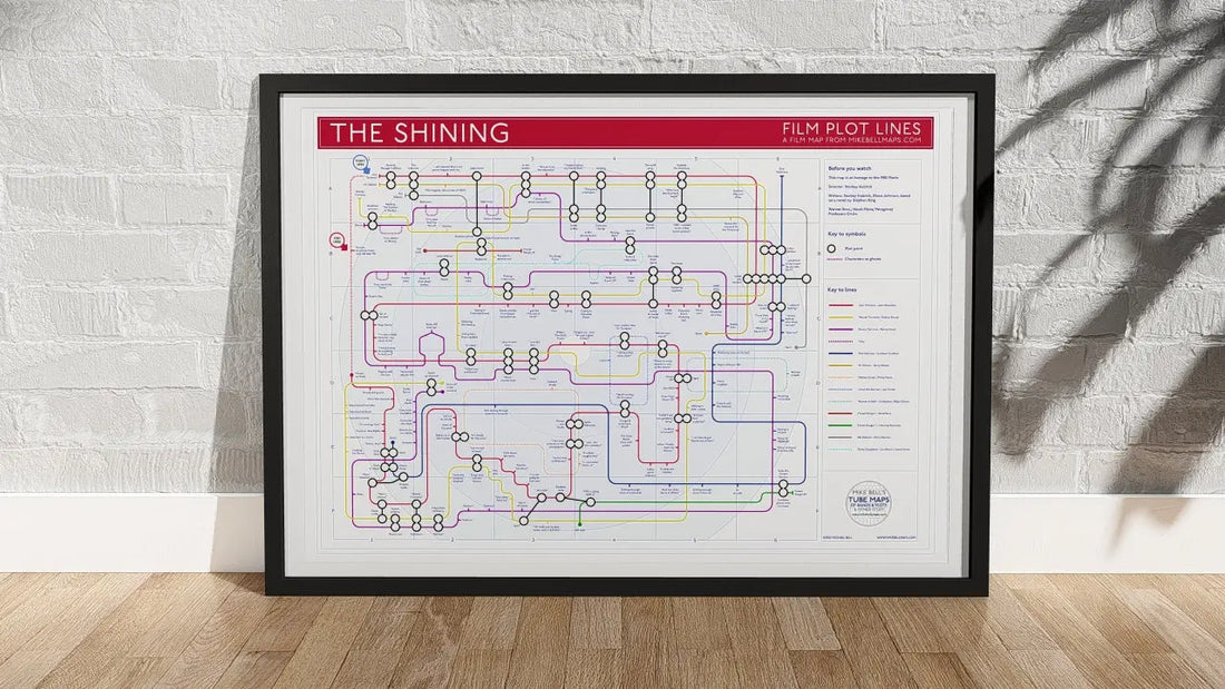 Unique art print showing The Shining film plot as a detailed transit tube map, with scenes as stations and characters as connecting tube lines.