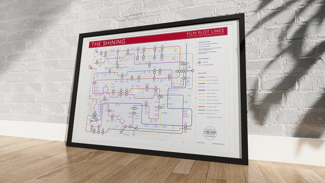 The Shining plot map charting key scenes and characters across the movies timeline.