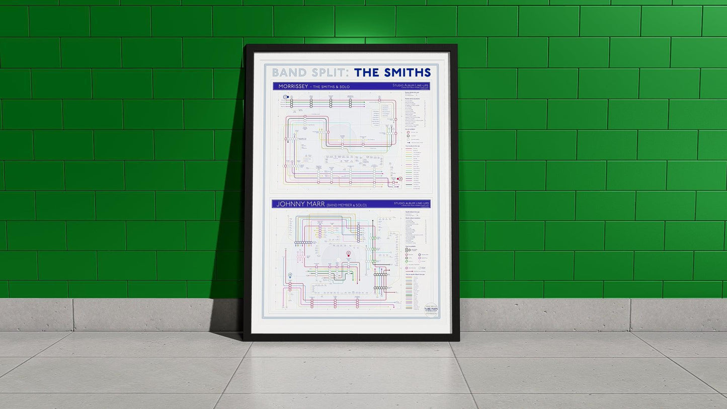 Framed infographic showing the band split of The Smiths and solo careers of Morrissey and Johnny Marr.