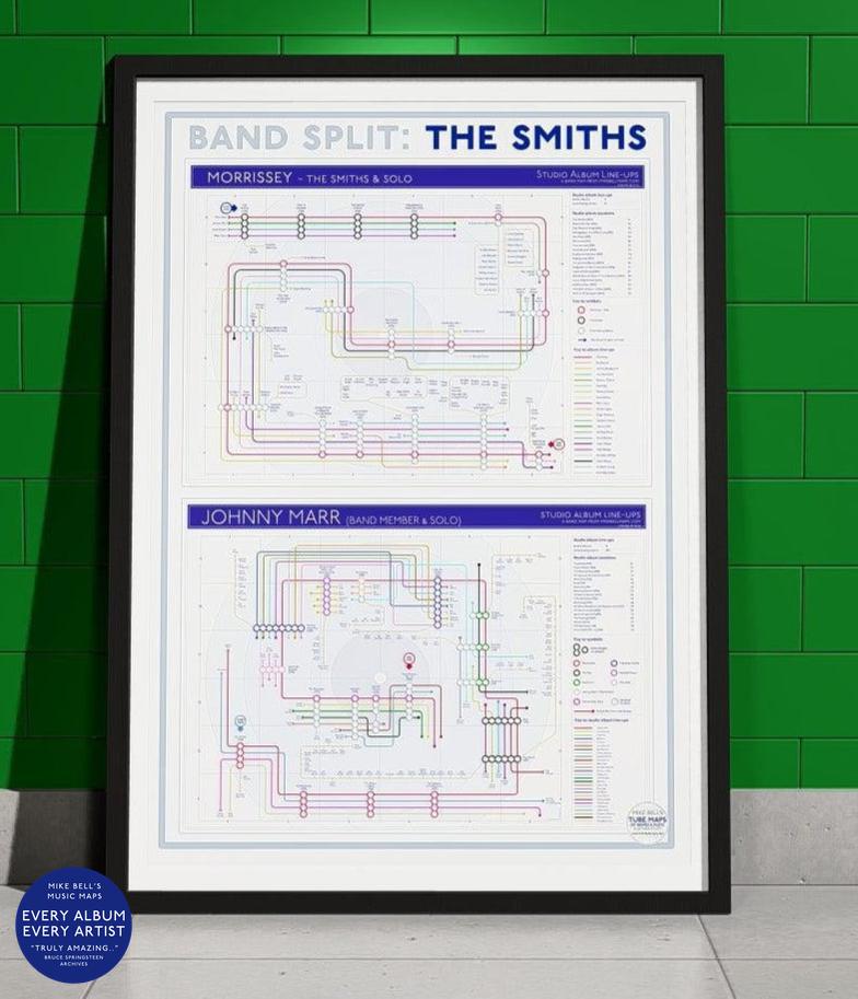 Framed infographic showing the band split of The Smiths and solo careers of Morrissey and Johnny Marr.